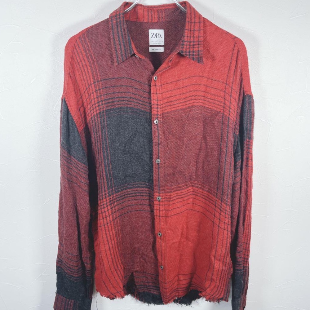 Zara plaid woven button up distressed flannel shirt mens sz M relaxed fit